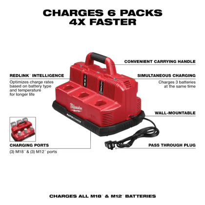 Milwaukee M12 and M18 12-Volt/18-Volt Lithium-Ion Multi-Voltage 6-Port Sequential Rapid Battery Charger