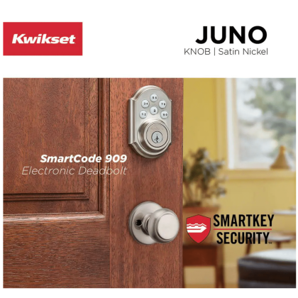 Kwikset SmartCode 909 Satin Nickel Single Cylinder Keypad Electronic Deadbolt with Juno Passage Knob (909SMT720J15)