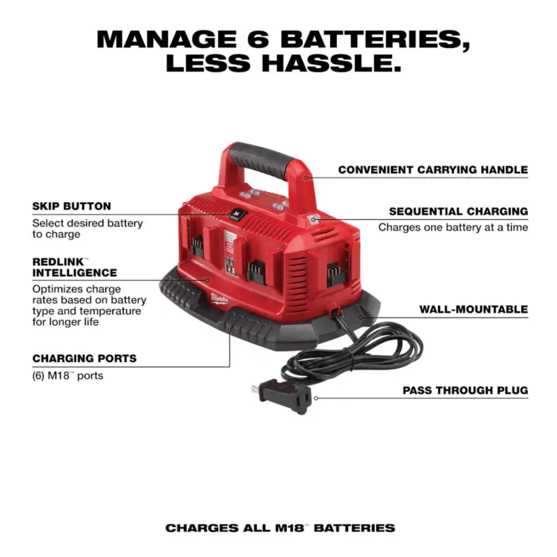 Milwaukee 48-59-1806 M18 18-Volt Lithium-Ion 6-Port Sequential Battery Charger