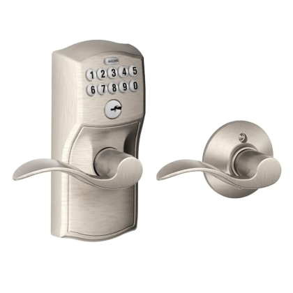 Schlage Camelot Satin Nickel Electronic Door Lock with Accent Door Lever (FE575 CAM 619 ACC)
