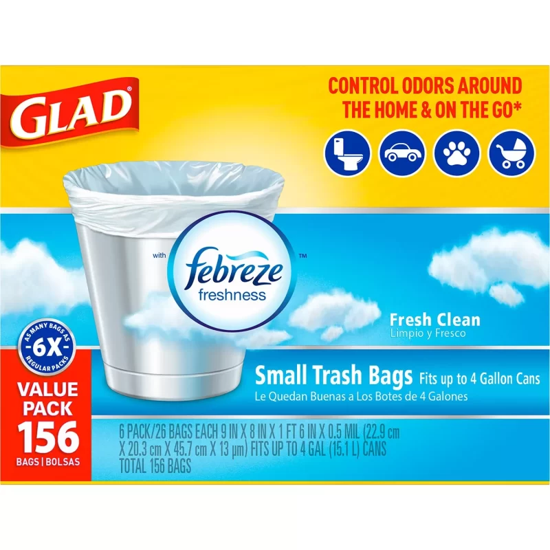 [SET OF 3] - Glad Small Twist-Tie White Trash Bags, Fresh Clean Scent With Febreze Freshness (4 gal., 156 ct./pk.)