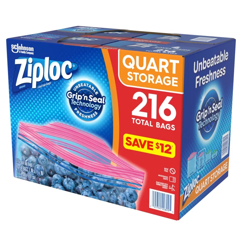 [SET OF 3] - Ziploc Storage Quart Bags With Grip 'n Seal Technology (216 ct./pk.),