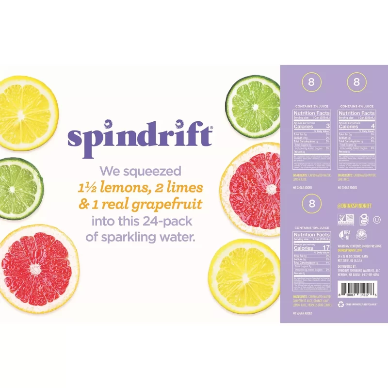 [SET OF 2] - Spindrift Sparkling Water with Real Squeezed Fruit, Variety Pack (24 cans/pk.)