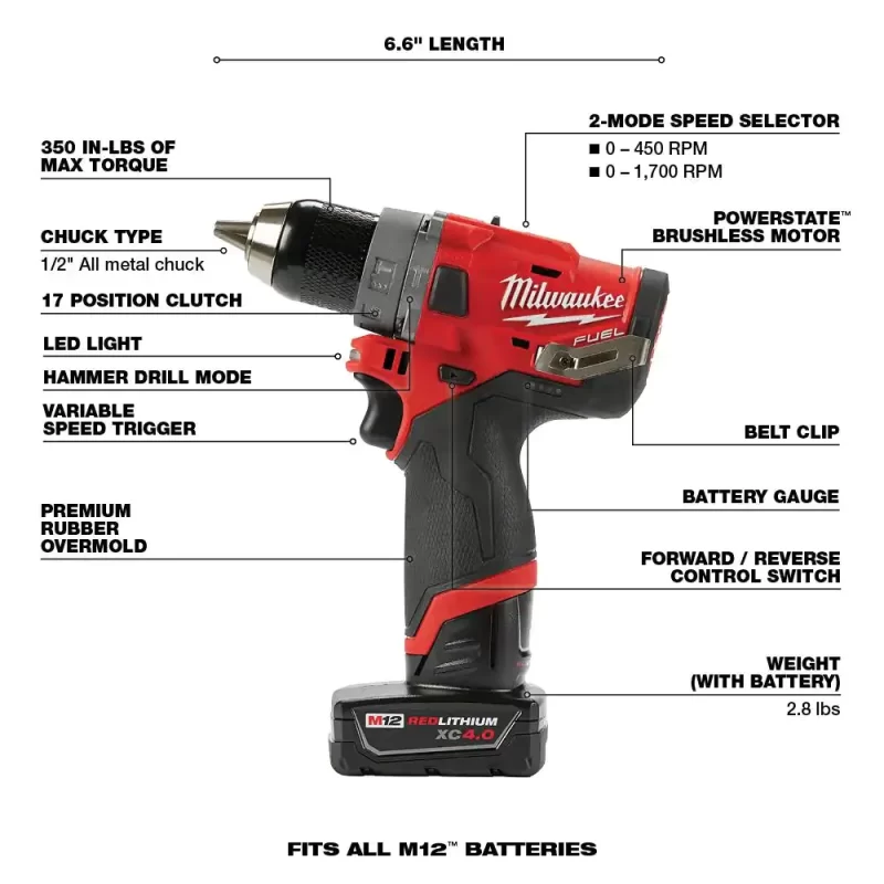 Milwaukee M12 FUEL 12-Volt Li-Ion Brushless Cordless Hammer Drill And Impact Driver Combo Kit (2-Tool)w/ M12 3/8 in. Ratchet