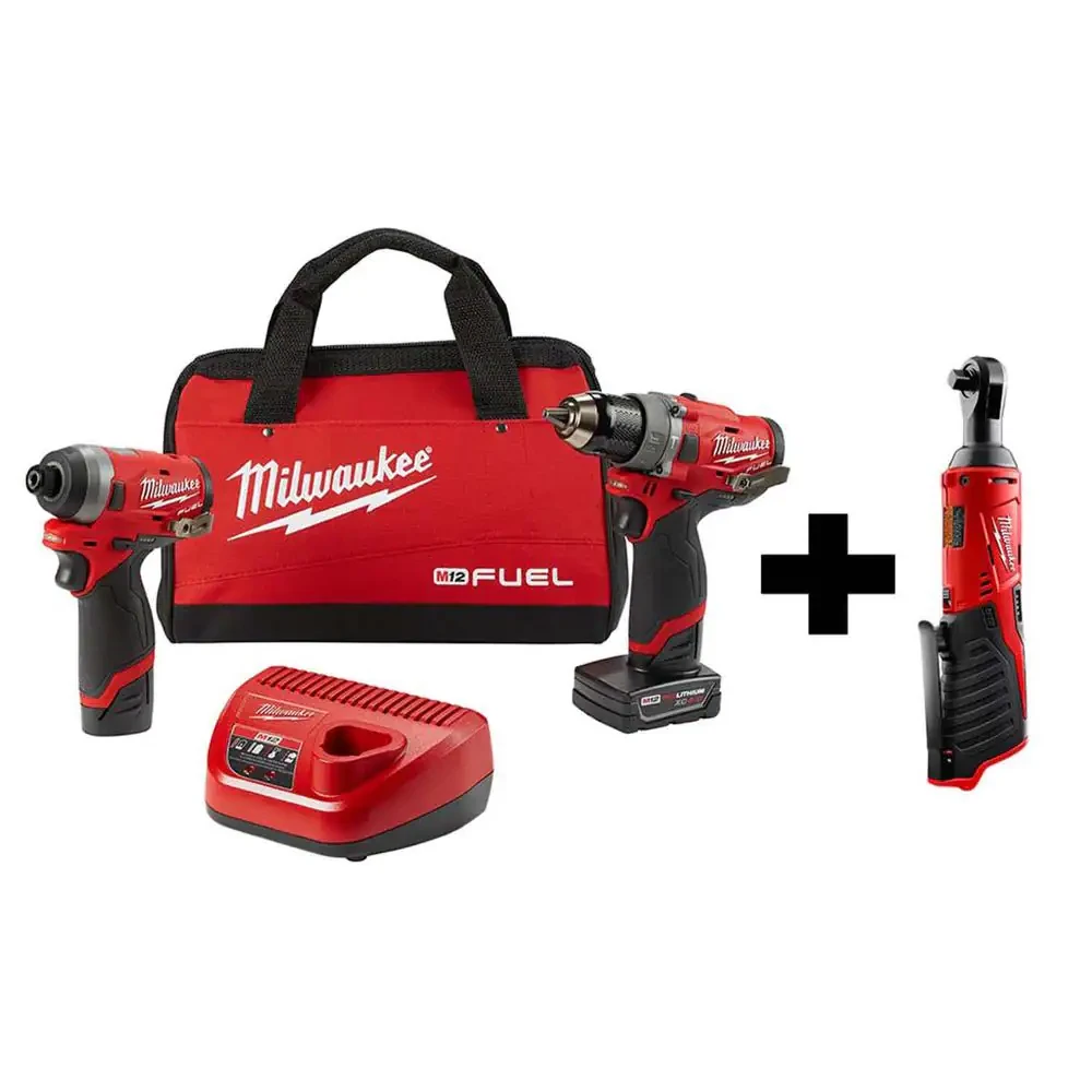 Milwaukee M12 FUEL 12-Volt Li-Ion Brushless Cordless Hammer Drill And Impact Driver Combo Kit (2-Tool)w/ M12 3/8 in. Ratchet