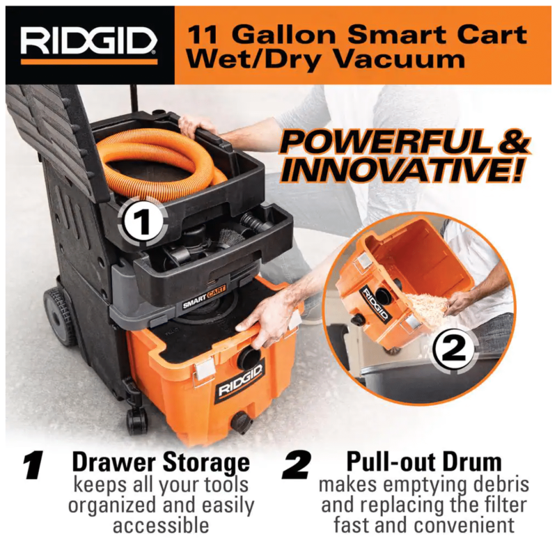 Ridgid 11-Gal. 6.5-Peak HP Smart Cart Wet/Dry Shop Vacuum with Fine Dust Filter, Professional Hose & Accessories (WD7000)