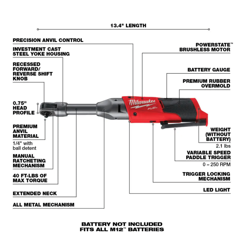 Milwaukee M12 Fuel 12-Volt Lithium-Ion Brushless Cordless 1/4 in. Extended Reach Ratchet, Tool-Only (2559-20)