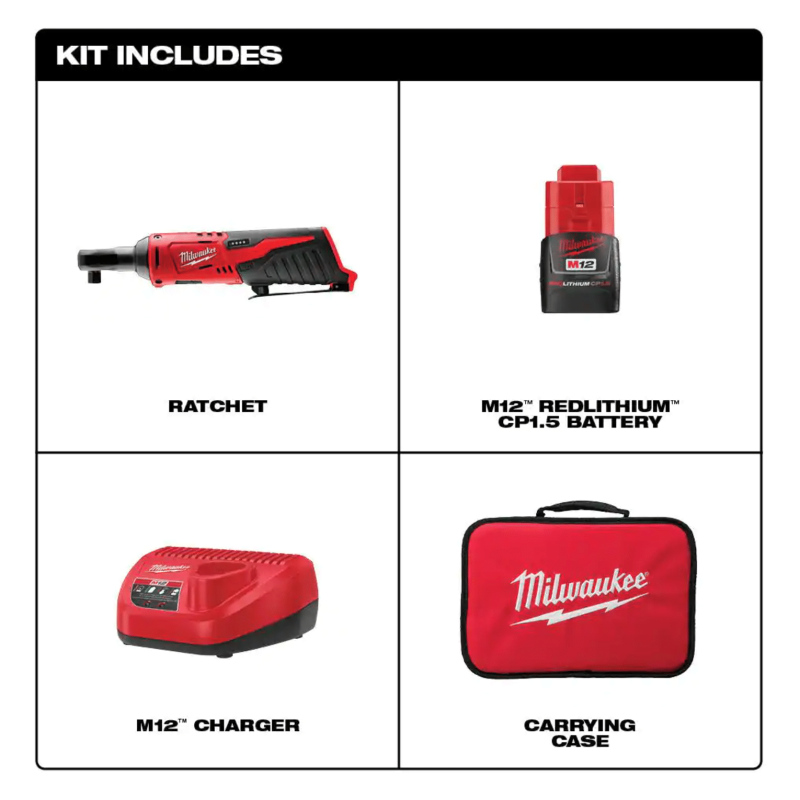 Milwaukee M12 12-Volt Lithium-Ion Cordless 3/8 in. Ratchet Kit with One 1.5 Ah Battery, Charger & Tool Bag (2457-21)