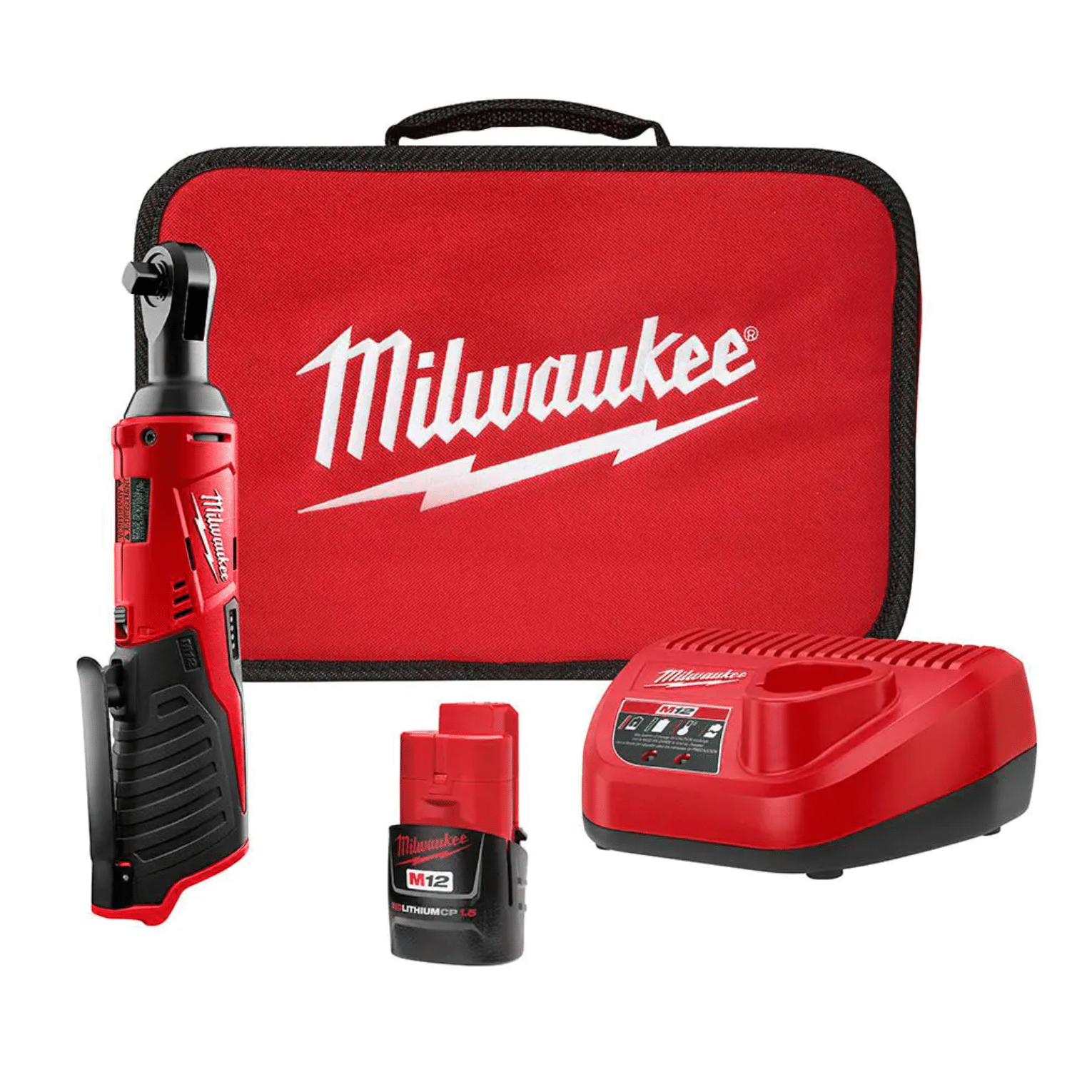 Milwaukee M12 12-Volt Lithium-Ion Cordless 3/8 in. Ratchet Kit with One 1.5 Ah Battery, Charger & Tool Bag (2457-21)