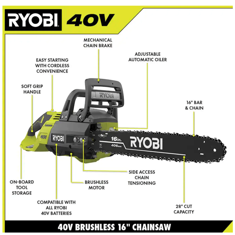 Ryobi 40V Brushless 16 in. Cordless Battery Chainsaw, Tool Only (RY40505BTL)