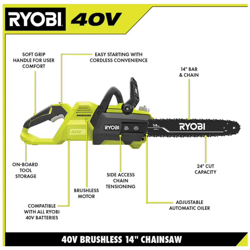 Ryobi 40V Brushless 14 in. Cordless Battery Chainsaw, Tool Only (RY40503BTL)
