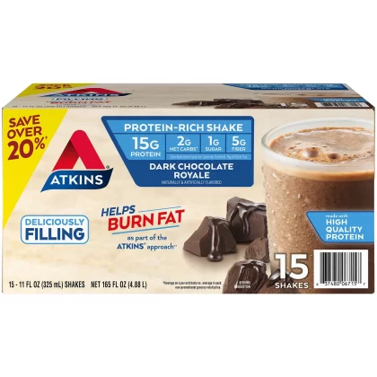 [SET OF 2] - Atkins Gluten Free Protein-Rich Shake, Dark Chocolate Royale, Keto-Friend 15 pk.