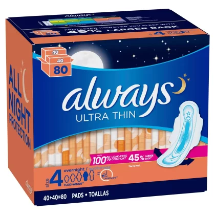 [SET OF 2] - Always Ultra Thin Size 4 Overnight Pads With Wings, Unscented (80 ct./pk.)