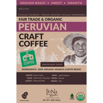 [SET OF 3] - Luna Roasters Fair Trade Organic Peruvian Craft Whole Bean Coffee, Medium Roast (30 oz./pk.),