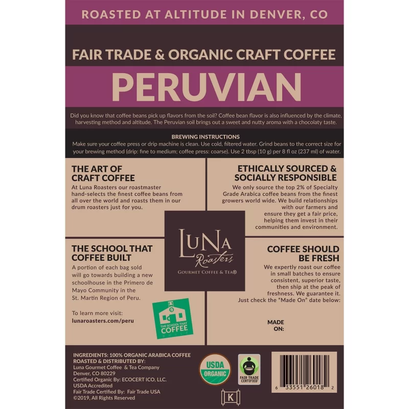 [SET OF 3] - Luna Roasters Fair Trade Organic Peruvian Craft Whole Bean Coffee, Medium Roast (30 oz./pk.),