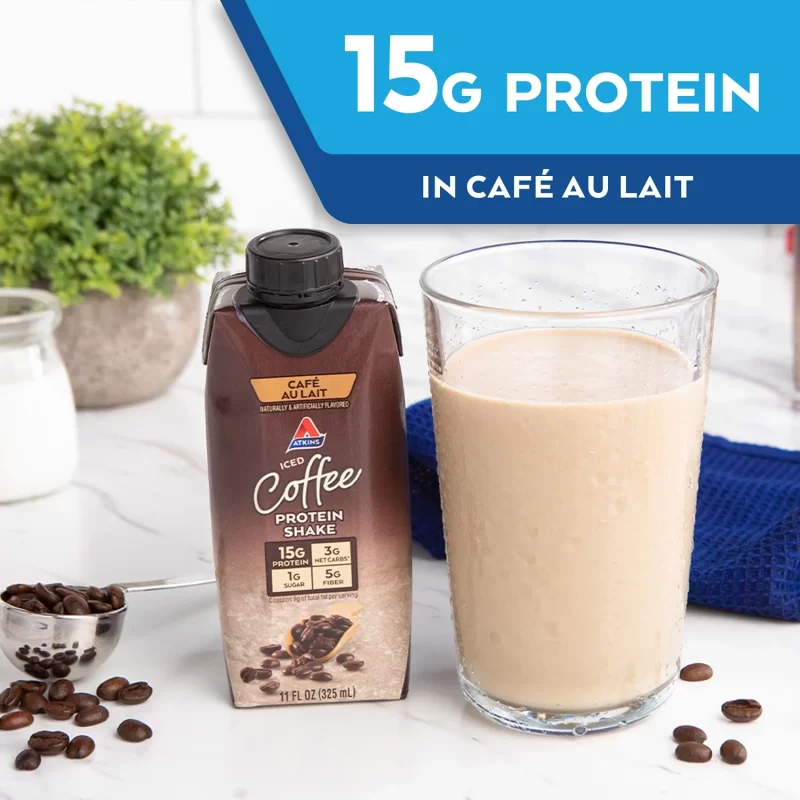 [SET OF 2] - Atkins Gluten Free Protein-Rich Shake, Café Au Lait, Keto Friendly (15 pk.)