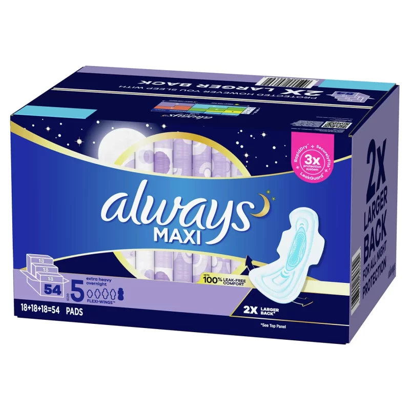 [SET OF 3] - Always Maxi Pads Size 5 Overnight Absorbency Unscented with Wings (54 ct./pk.),