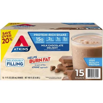 [SET OF 2] - Atkins Gluten Free Protein-Rich Shake, Milk Chocolate Delight, Keto Friendly (15 ct./pk.)