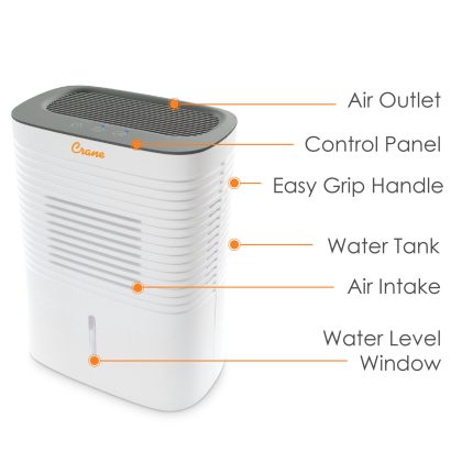 Crane USA EE-1000 4 Pint Compact Portable Dehumidifier, 2L Water Tank, Coverage Up to 300 Sq. Ft.