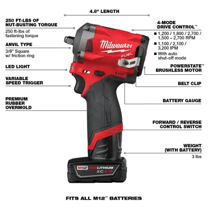 Milwaukee M12 Fuel 12-Volt Lithium-Ion Brushless Cordless Stubby 3/8 in. Impact Wrench Kit with One 4.0 & One 2.0Ah Batteries (2554-22)
