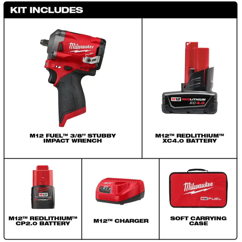 Milwaukee M12 Fuel 12-Volt Lithium-Ion Brushless Cordless Stubby 3/8 in. Impact Wrench Kit with One 4.0 & One 2.0Ah Batteries (2554-22)