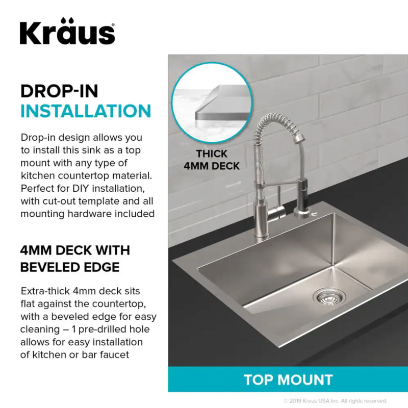 Kraus Loften Dual Mount Drop-In Stainless Steel 25 in. 1-Hole Single Bowl Kitchen Sink (KHT411-25)