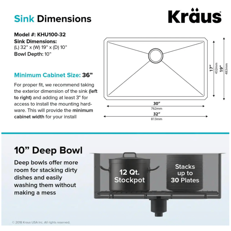 Kraus Standart Pro 32in. 16 Gauge Undermount Single Bowl Stainless Steel Kitchen Sink (KHU100-32)