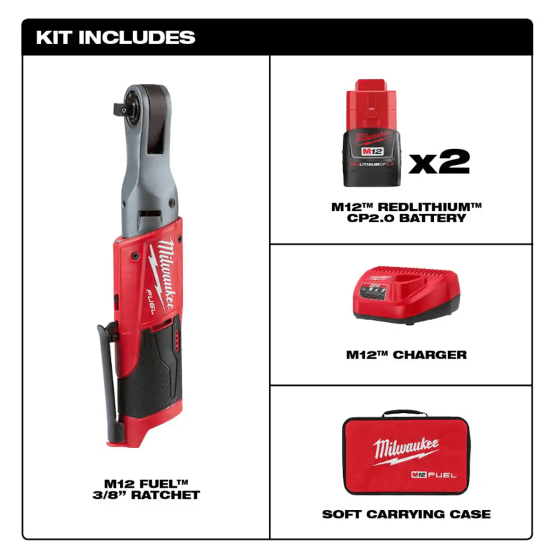 Milwaukee M12 Fuel 12-Volt Lithium-Ion Brushless Cordless 3/8 in. Ratchet Kit with (2) 2.0Ah Batteries, Charger & Tool Bag (2557-22)