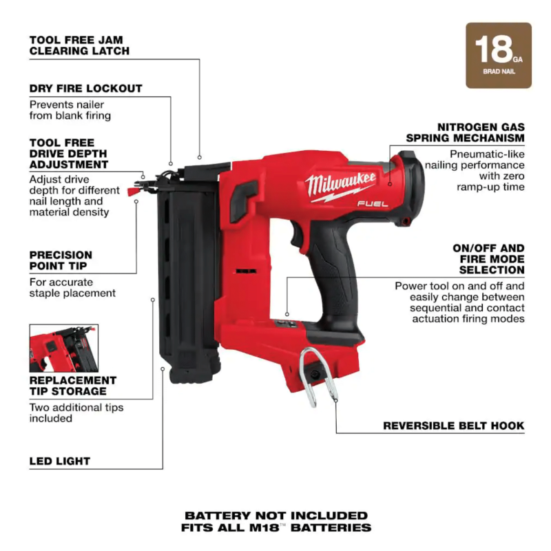 Milwaukee M18 FUEL 18-Volt 18-Gauge Lithium-Ion Brushless Cordless Gen II Brad Nailer and Tinted Performance Safety Glasses