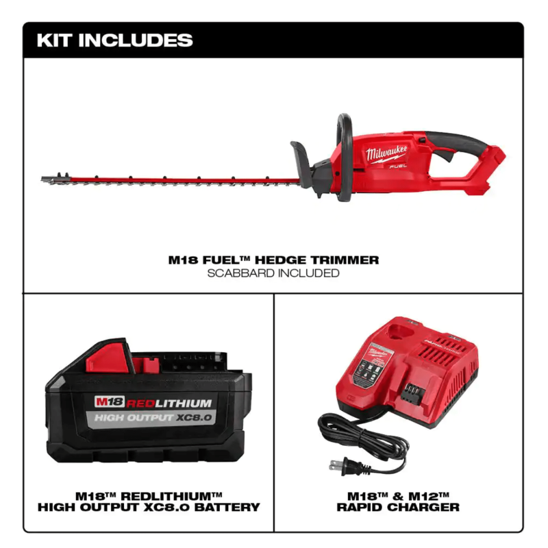Milwaukee M18 FUEL 24 in. 18-Volt Lithium-Ion Brushless Cordless Hedge Trimmer Kit with 8.0 Ah Battery and Rapid Charger (2726-21HD)