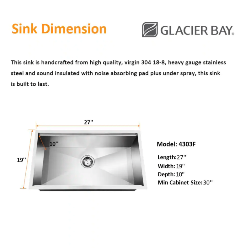Glacier Bay Zero Radius Undermount 18G Stainless Steel 27 in. Single Bowl Workstation Kitchen Sink with Accessories