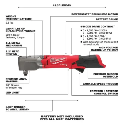 Milwaukee M12 FUEL 12-Volt Lithium-Ion Brushless Cordless 1/2 in. Right Angle Impact Wrench (Tool-Only)