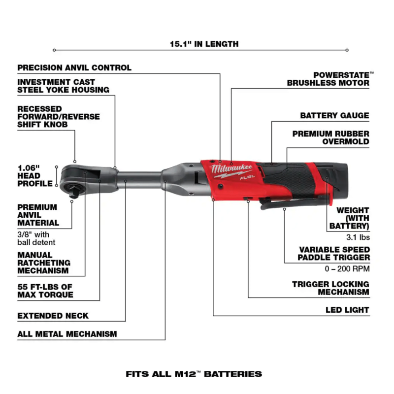 Milwaukee M12 Fuel 12-Volt Lithium-Ion Brushless Cordless 3/8 in. Extended Reach Ratchet Kit with One 2.0 Ah Batteries (2560-21)