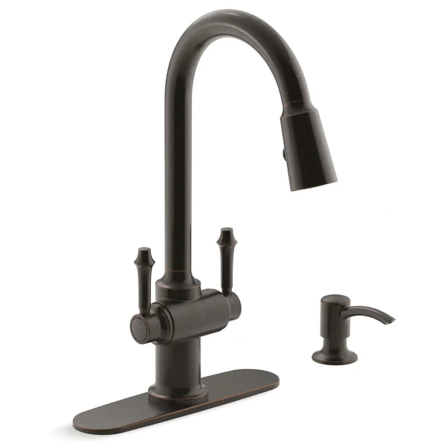 Kohler Thierry Two Handle Pull-Down Sprayer Kitchen Faucet with Soap Dispenser in Oil-Rubbed Bronze