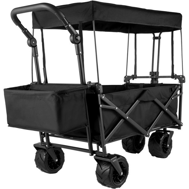 Vevor Collapsible Wagon Cart Black, Foldable Wagon Cart Removable Canopy 602D Oxford Cloth