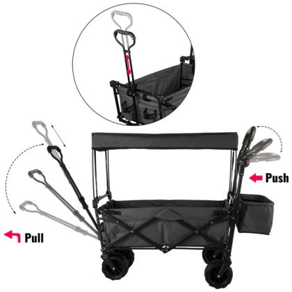 Vevor Collapsible Wagon Cart Black, Foldable Wagon Cart Removable Canopy 602D Oxford Cloth