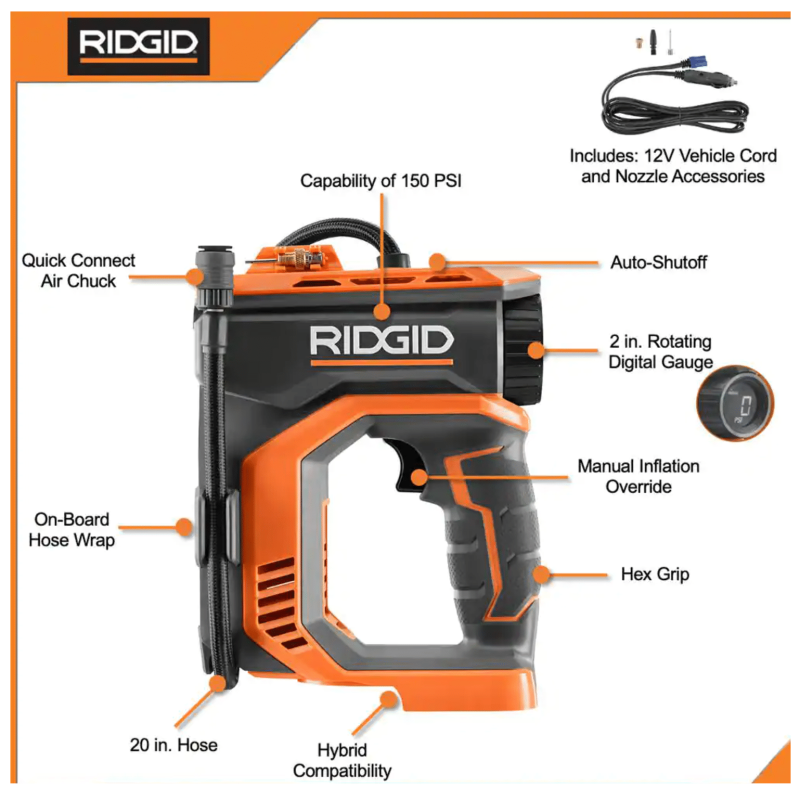 Ridgid 18V Cordless 3-Tool Combo Kit with Grease Gun, Impact Wrench, and Inflator, Tools Only (R92162SB2N)