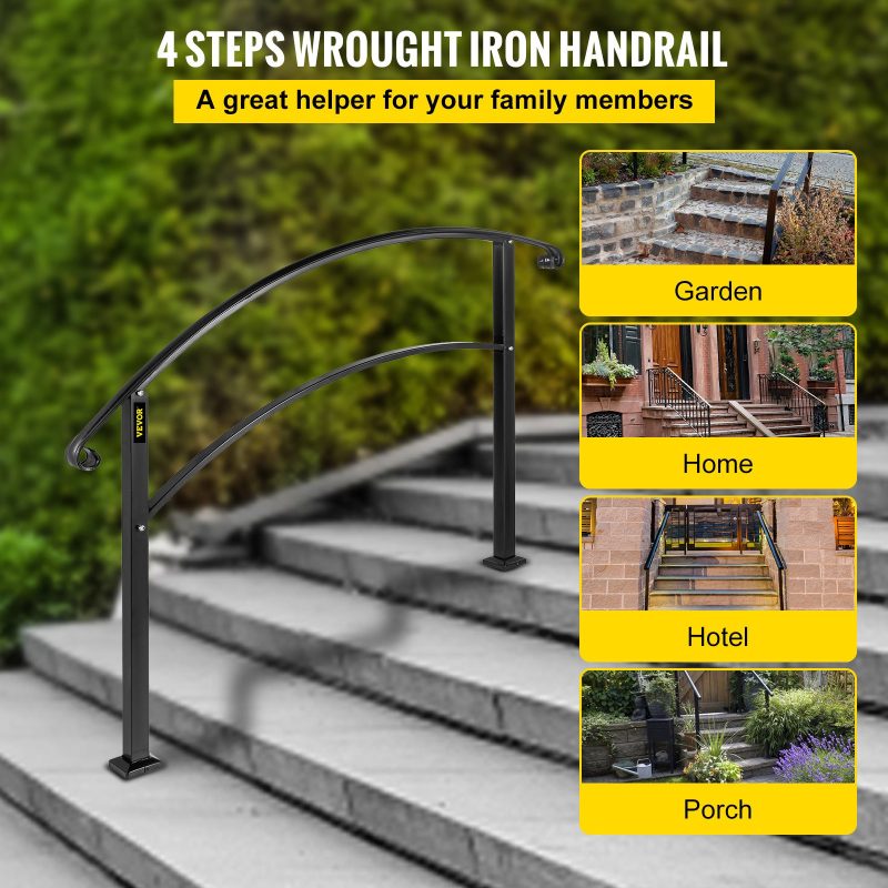 Vevor 4-Step Adjustable Handrail Fits 3 or 4 Steps Stair Rail Wrought Iron Handrail, Matte Black