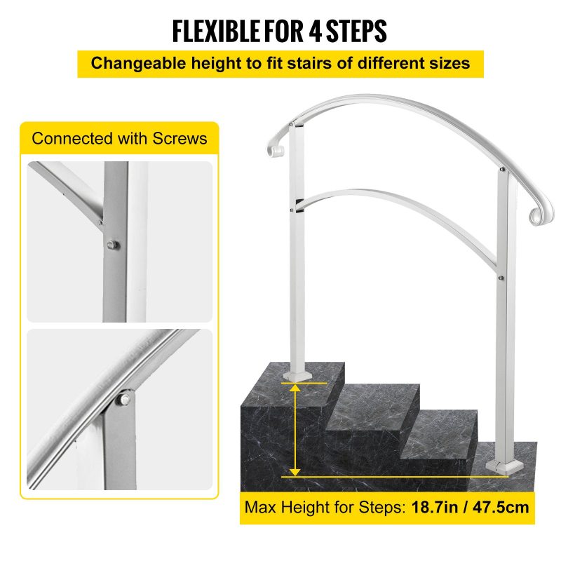Vevor 4-Step Adjustable Handrail Fits 3 or 4 Steps Stair Rail Wrought Iron Handrail, Matte White