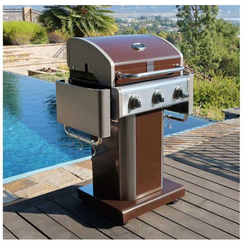 Kenmore 3-Burner Propane Gas Pedestal Grill with Folding Side Shelves in Mocha with 4-Wheels