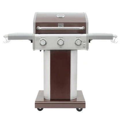 Kenmore 3-Burner Propane Gas Pedestal Grill with Folding Side Shelves in Mocha with 4-Wheels