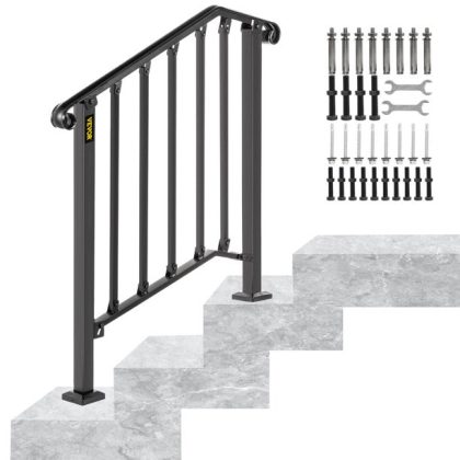 Vevor Handrail Picket 2 Fits 2 or 3 Steps Outdoor Stair Rail Wrought Iron Handrail, Matte Black