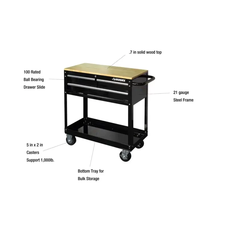 Husky 36 in. W x 17 in. D Standard Duty 3-Drawer Rolling Tool Cart With Hardwood Top in Gloss Black