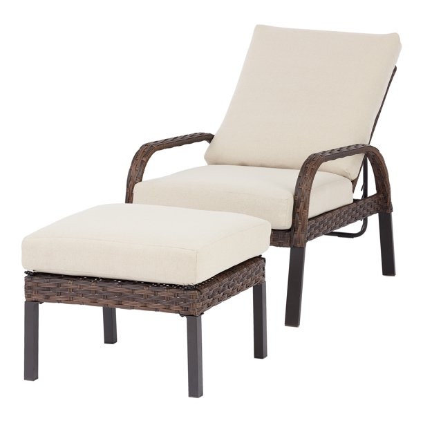 Mainstays Tuscany Ridge Wicker Reclining Chaise Lounge with Ottoman, Beige