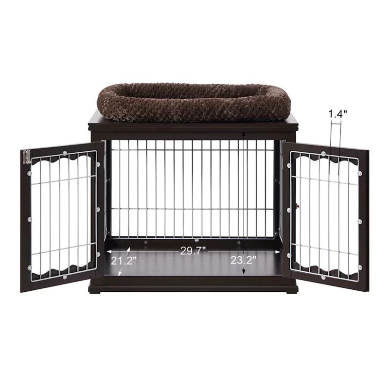 Unipaws Pet Crate with Pet Bed, Wooden Wire Dog Kennel in Espresso, 32" L X 23" W X 26" H