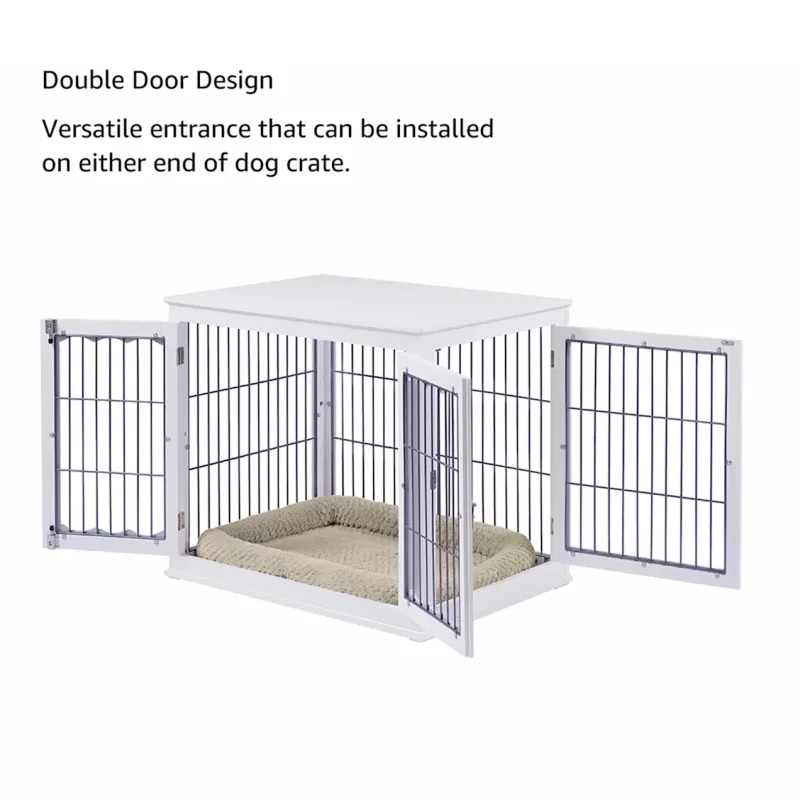 UniPaws Wooden Wire White Double Door Dog Kennel with Pet Bed, 38" L X 27" W X 31" H