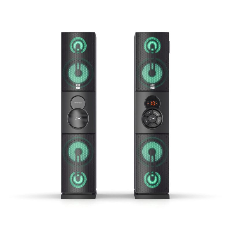 Altec Lansing Party Duo Bluetooth Tower Speaker Set with LED Lights, 2 Wired Microphones, Remote, IMT7003-Black