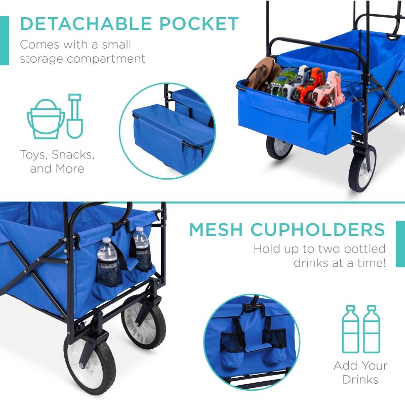 Best Choice Products Folding Utility Cargo Wagon Cart w/ Removable Canopy, Cup Holders, Blue