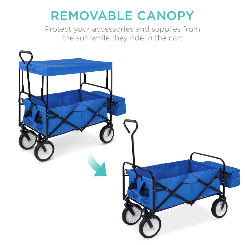 Best Choice Products Folding Utility Cargo Wagon Cart w/ Removable Canopy, Cup Holders, Blue