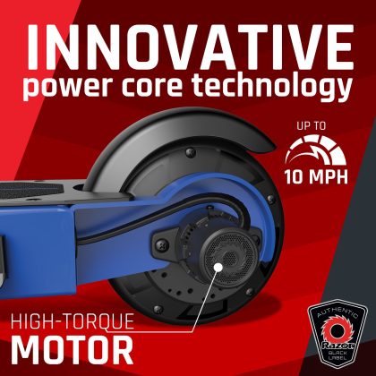Razor Black Label E100 Electric Scooter, 8" Pneumatic Front Tire, 90W Power Core High-Torque Hub Motor, Blue